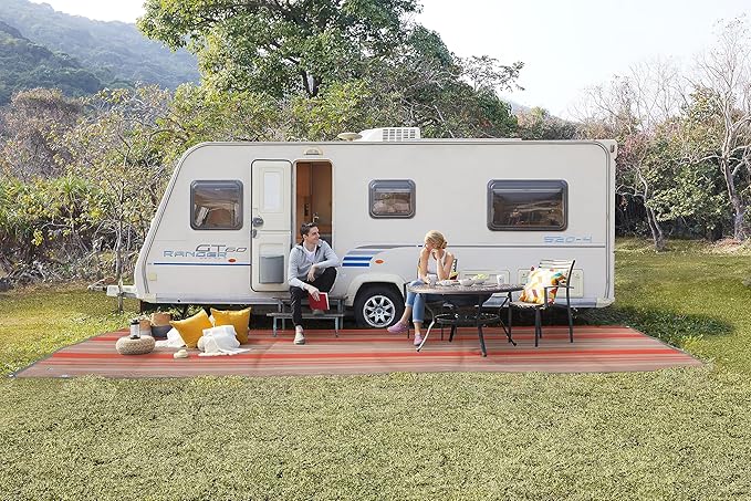CGEAR RV Comfort Mat – Patented Sand-Free Technology with Ultra Soft Material – Sized to Your RV, Campsite, Beach House – Great Outdoor Patio Rug or Camping (Earthy Stripe, 4' x 5')